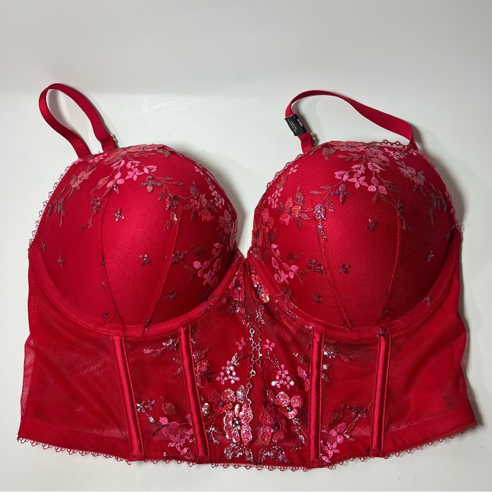 Victoria's Secret - NWT Very Sexy Red Floral Embroidered Bustier Push Up Bra 36D - Picture 3 of 8